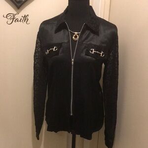 Women's Black Size Medium Blouse with Lace Collar & Sleeves